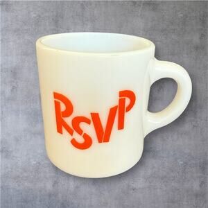 Vtg RSVP Milk Glass Coffee Mug Orange Retro Mod Logo D-Handle MCM 1960s 1970s